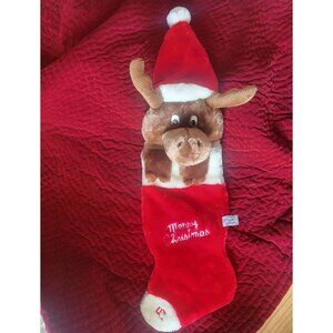 Chrisha Plush Christmas Stocking Moose Embroidered Merry Christmas 1988